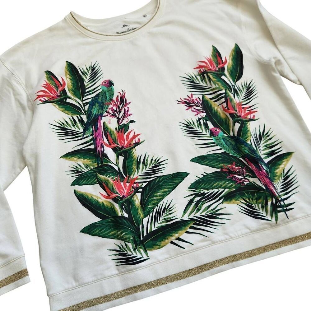 Tommy Bahama Sweatshirt Womens XL Parrots Birds Tropical Travel Paradise Athleti - Picture 1 of 4